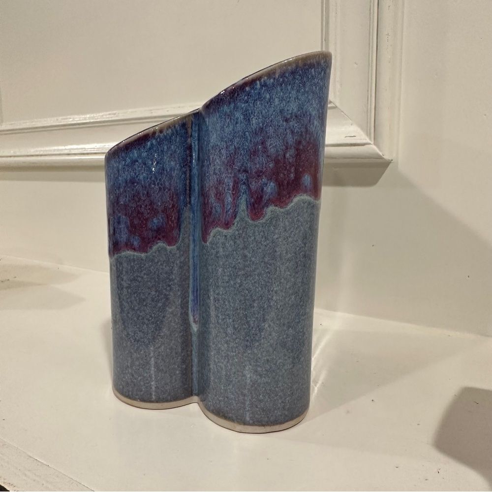 Bay Pottery Blue Purple Ceramic Drip Glaze Art Pottery Stoneware Triple Bud Vase - Picture 2 of 8